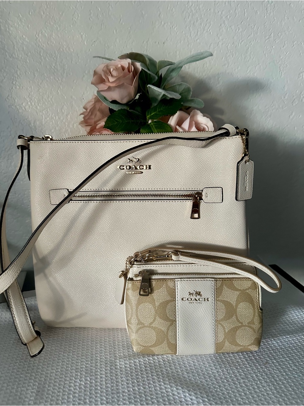 COACH Rowan File Cream Leather Crossbody Bag with Signature Wristlet